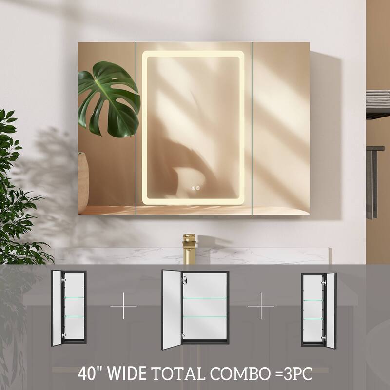 ZEAFIVE LED Black Bathroom Medicine Cabinet Surface Mount Defog Medicine Cabinet 3 Lights Dimmable
