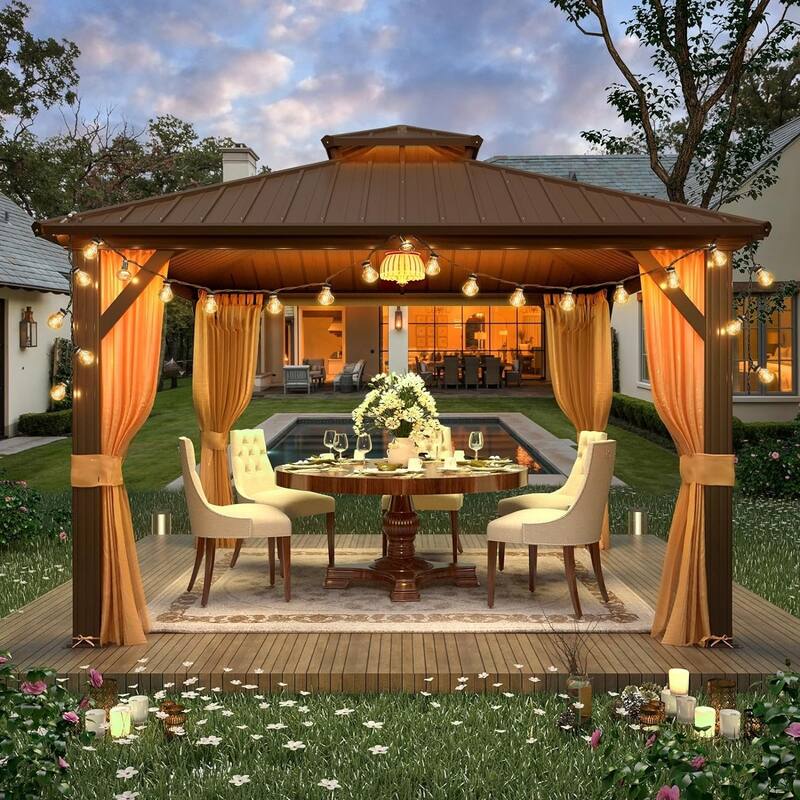 Erommy Hardtop Gazebo with Galvanized Steel Double Roof & Aluminum Frame, Outdoor Gazebo with Curtains and Nettings