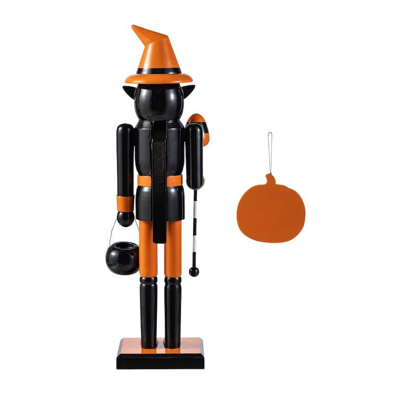 Glitzhome 18.50"H Halloween Wood Black Cat Witch Nutcracker with Jack-O-Lantern