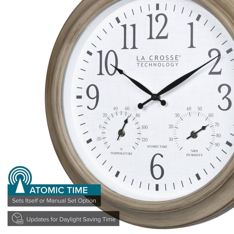 La Crosse 18 Inch Outdoor Tan Atomic Analog Temp Wall Clock, 404-18027