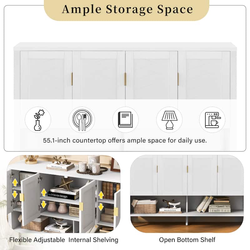55.1" Modern Sideboard Buffet Cabinet with 4 Doors, Open Shelf, Adjustable Shelves & Side Hooks for Living Room or Dining