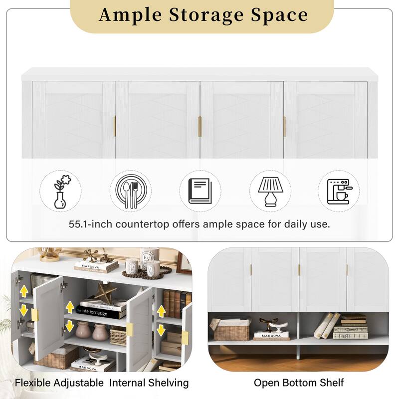 Sideboard Cabinet with Geometric Decorative Doors & Double Hooks, Buffet Cabinet with Open Shelf & 2-Tiers Adjustable Shelves