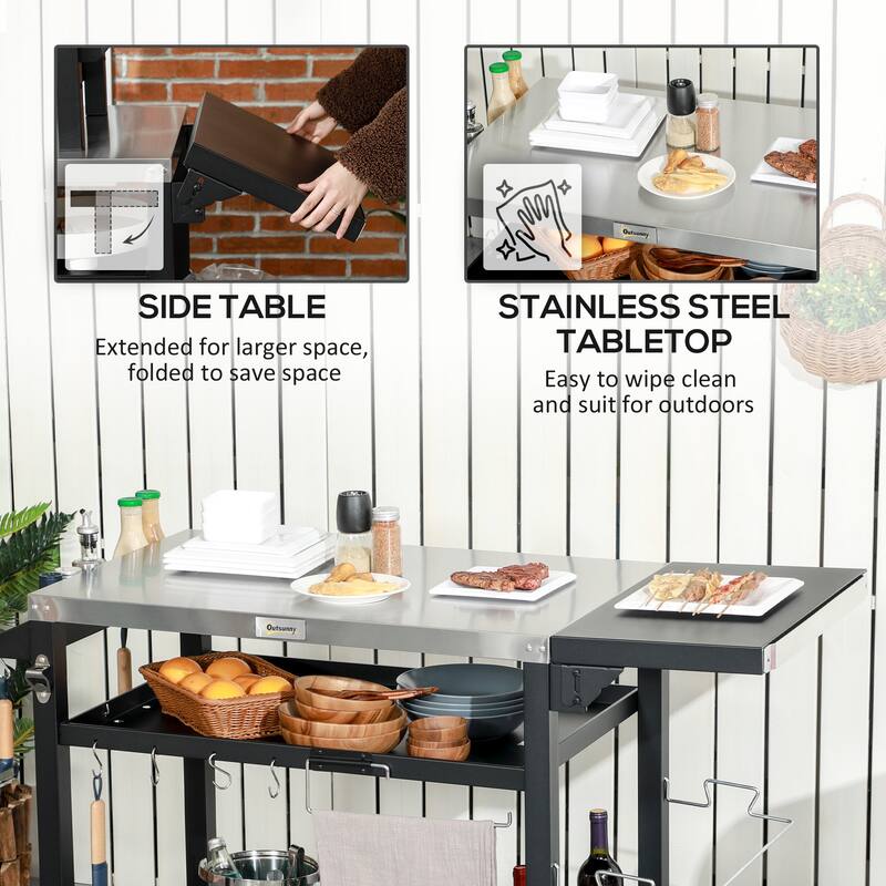Outsunny Three-Shelf Outdoor Grill Cart with Foldable Side Table, 46" x 21.75" Multifunctional Stainless Steel Pizza Oven Stand