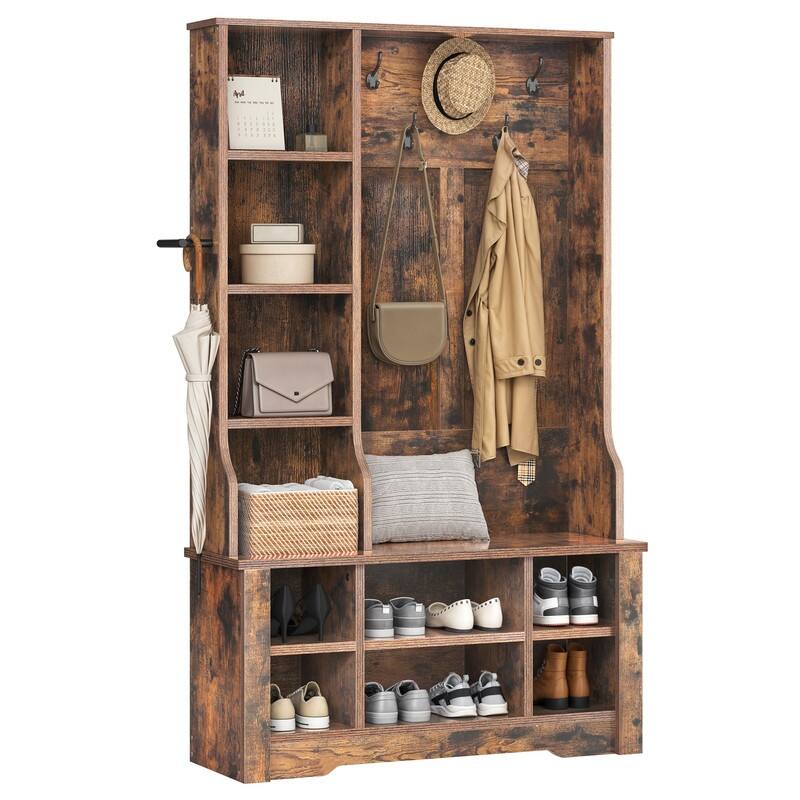 Moasis 59"/39"W Farmhouse Hall Tree Adjustable Shelf Coat Rack with Shoe Storage Bench for Entryway - Brown/39"W