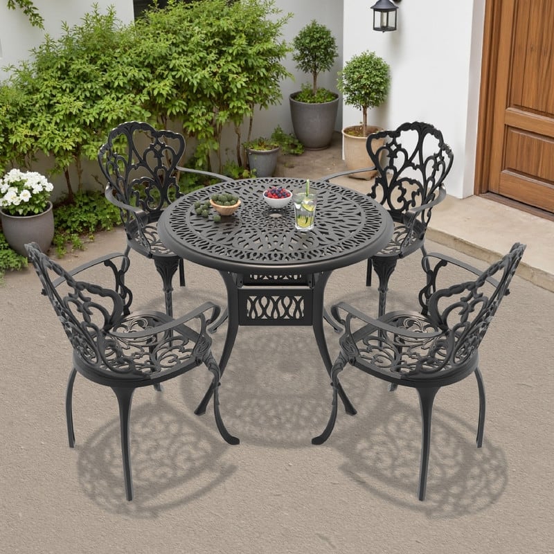 3/5-Piece Cast Aluminum Outdoor Dining Set with 35.43 in. Round Table and Seat Cushions