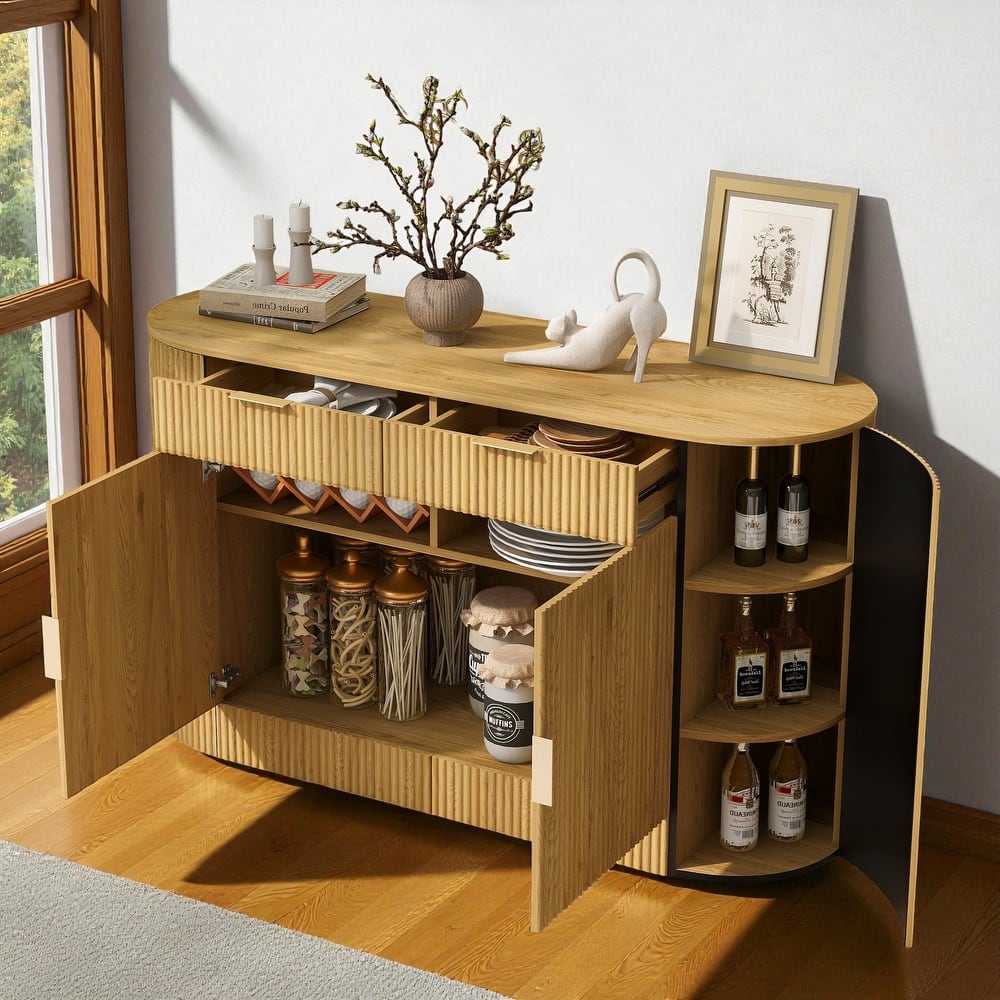 Modern 55.1" Storage Cabinet with Curved Doors, 2 Drawers & Side Shelves, Stripe MDF Buffet Console Table