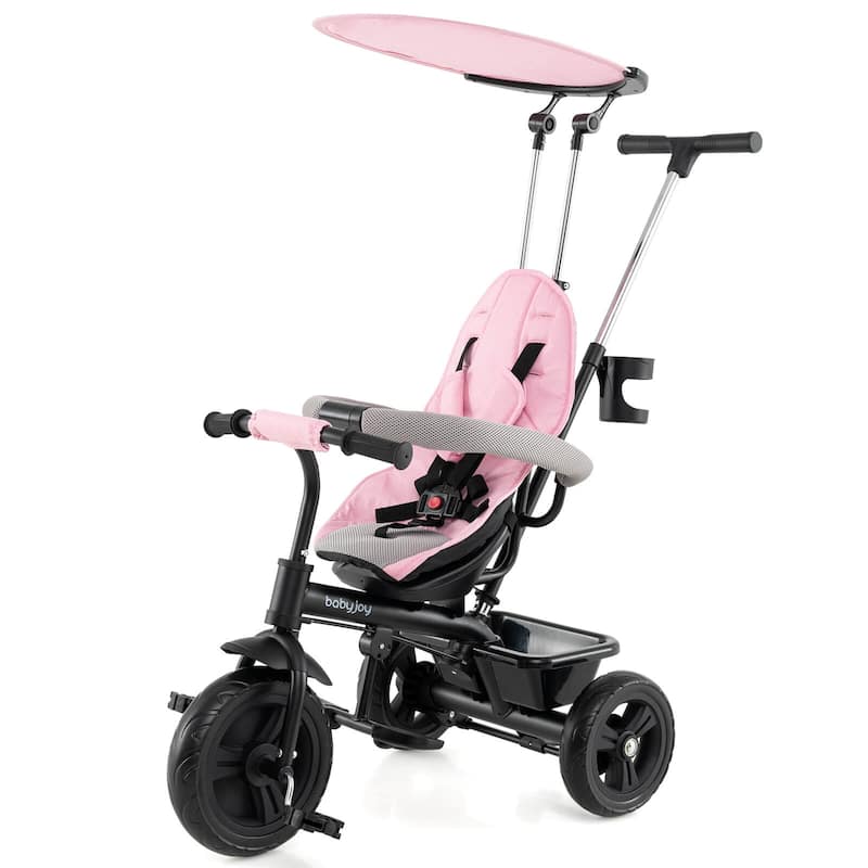 Costway Toddler Tricycle, 7 in 1 Push Trike with Adjustable Canopy - Pink