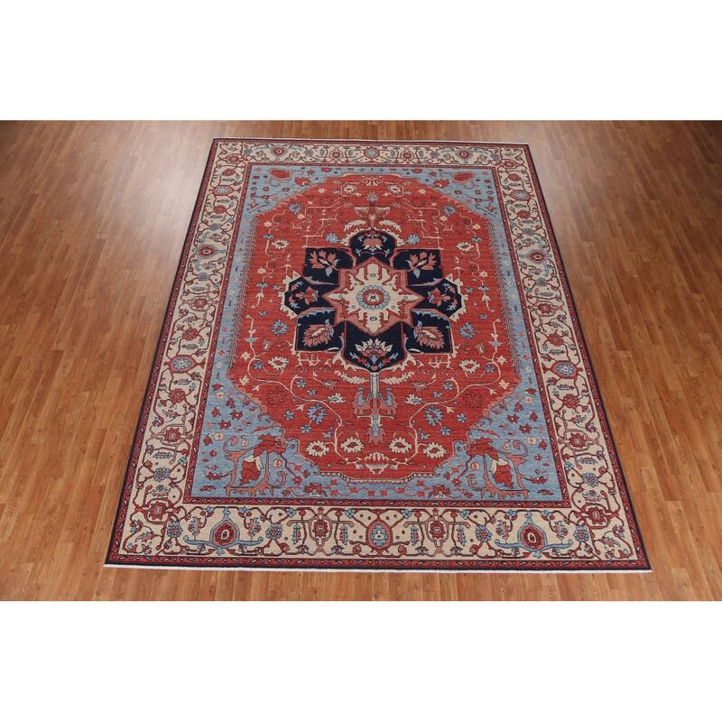 Red/ Ivory/ Blue Heriz Serapi Turkish Area Rug Handmade Wool Carpet - 9'0" x 12'0"