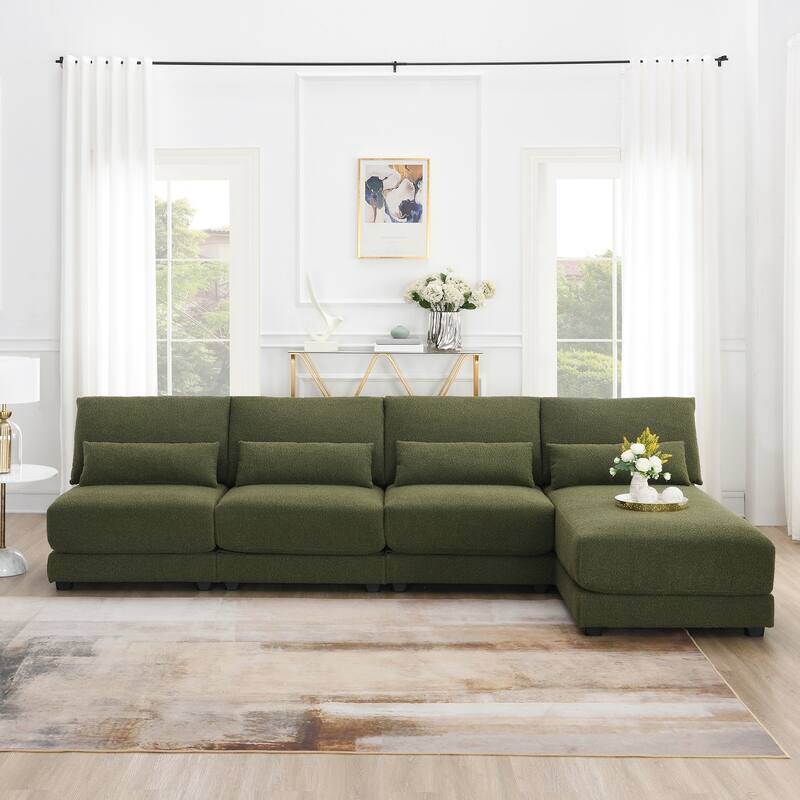 Green 120" L-Shaped 4-Seat Sectional Sofa with Reversible Chaise and 4 Waist Pillows, Armless Design for Space-Saving Solutions - Green