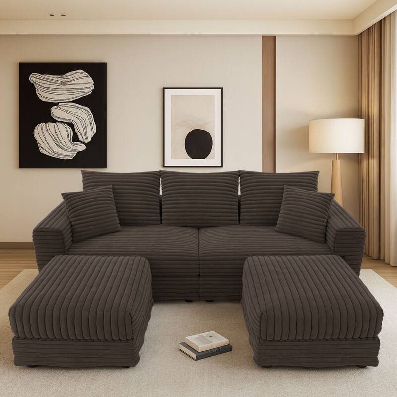 Modern Corduroy Fabric Upholstered Sectional Sofa with Ottoman - Camel-3 Seater with 2 Ottoman