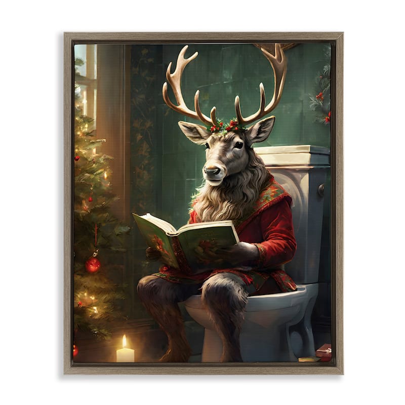 Stupell Reindeer in Festive Bathroom Framed Floater Canvas Wall Art Design By Jo Moulton - 17 x 21 - Brown
