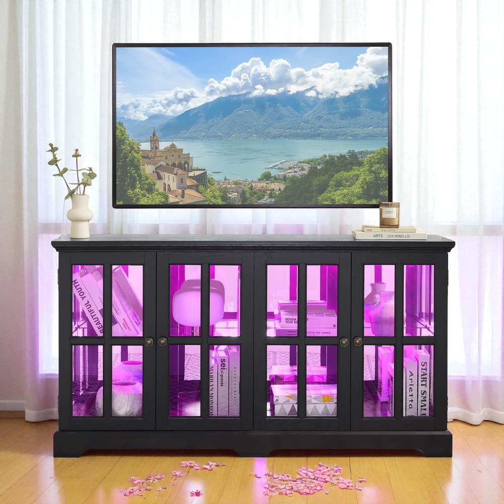 LED Antique Curio Display Cabinet with Glass Doors, Adjustable Shelves and Vintage 4-Door Design