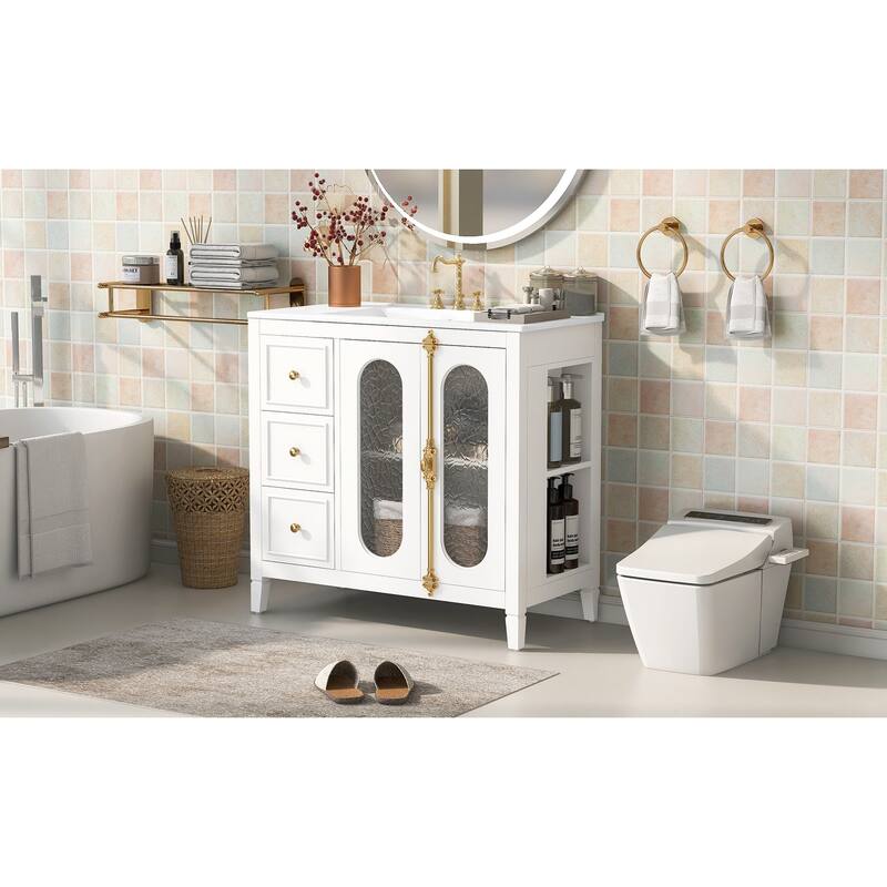 36-inch Bathroom Vanity with 2 Soft Close Doors, Solid Wood Frame Modern Bathroom Storage Cabinet with 3 Drawers