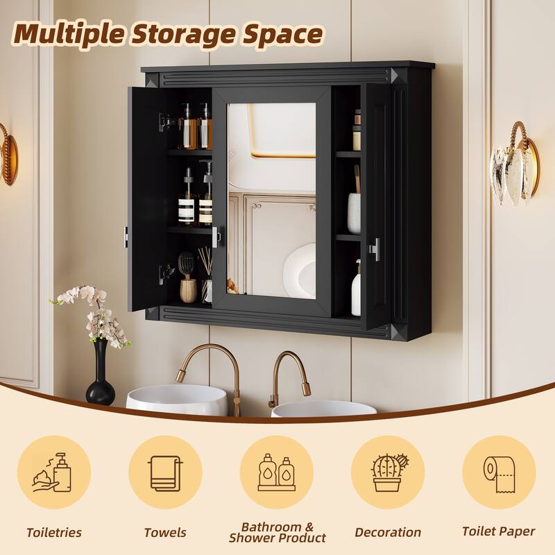 35" Wall-Mounted Medicine Cabinet with Mirror, 4 Adjustable Shelves, Black MDF Storage Cabinet