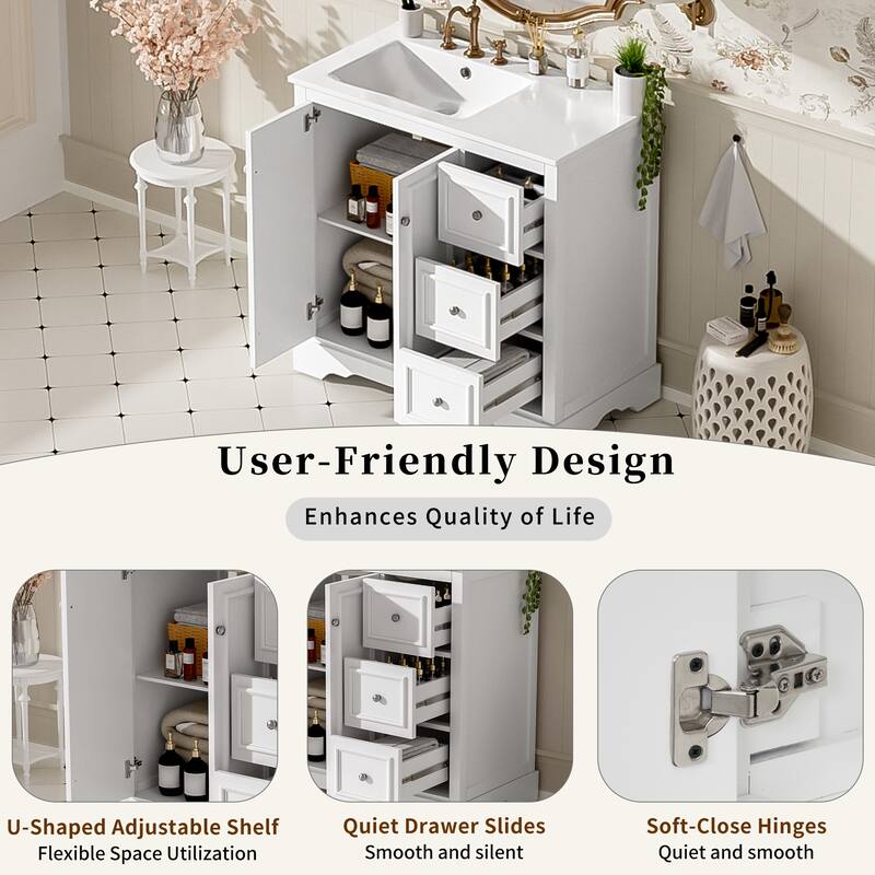 36" Transitional Bathroom Vanity with Ceramic Sink - 2 Soft-Close Doors, 3 Drawers (1 Divided), U-Shaped Shelf, Painted Finish