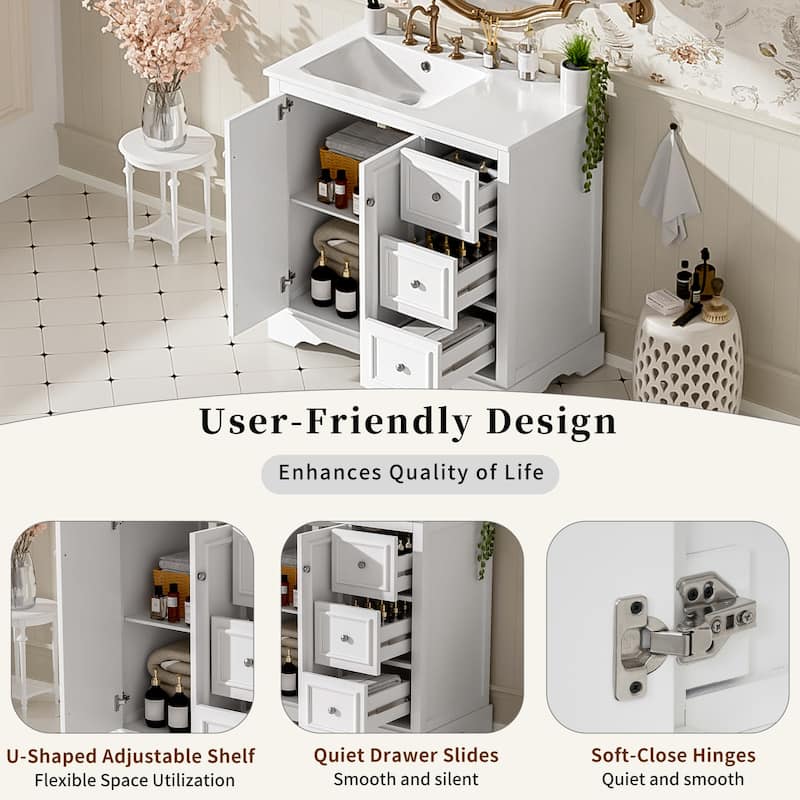 36'' Bathroom Vanity with ceramic sink Bathroom Storage Cabinet with Adjustable U-shaped shelf and 3 drawers