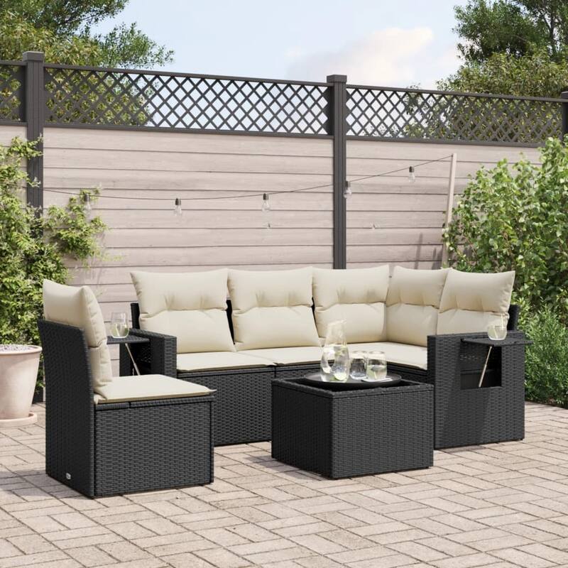 vidaXL Garden Sofa Set Black - Black and cream 6 Piece Set With table