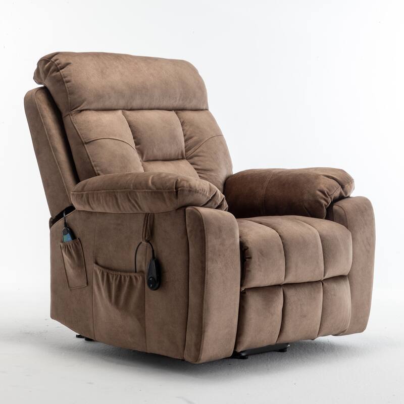 Brown Power Lift Recliner with Massage, Lumbar Heating, Silent German Motor, Goose Down Fabric, and Cup Holders
