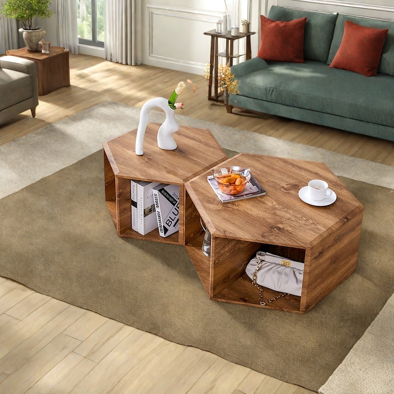 MDF Hexagonal Coffee Table Set with Grid Storage, and Modern Minimalist Design - Wood
