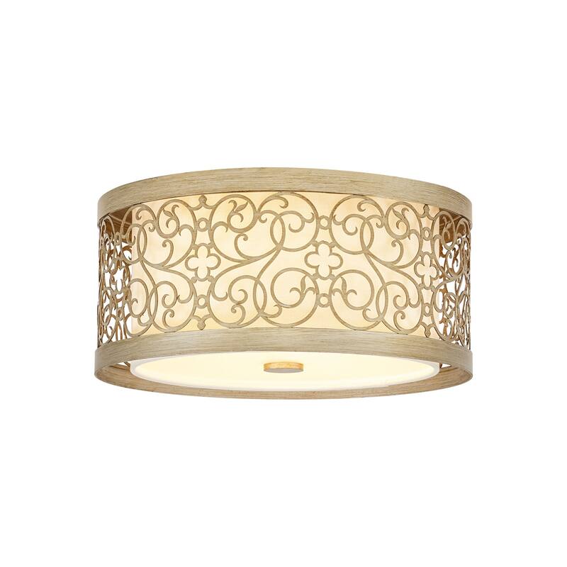 2-Light Mid-Century Modern Unqiue Handcrafted Sunset Gold Flush Mount Light with White Fabric Shade for Living Room & Bedroom