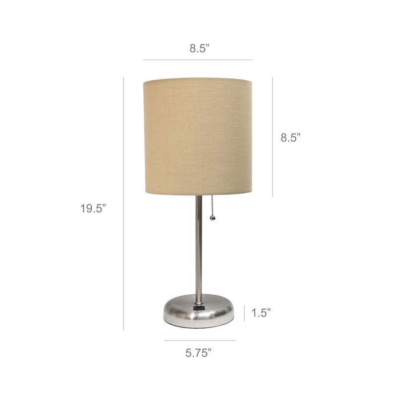 19.5 in. Brushed Steel Finish Table Lamp with Beige Shade, Durable Stick Lamp for End/Side Tables