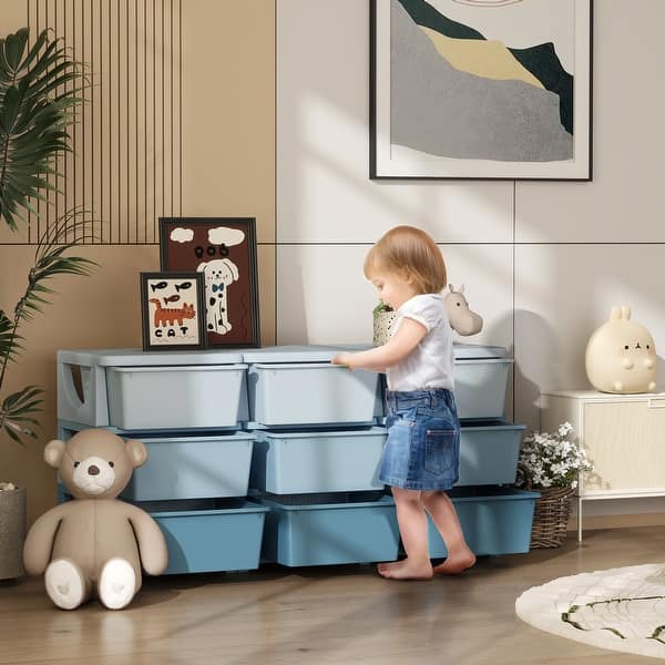 slide 2 of 27, Qaba 3 Tier Kids Storage Unit, 9 Drawer Chest Toy Organizer Plastic Bins for Kids Bedroom Nursery Kindergarten Living Room Blue