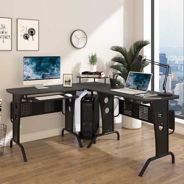 Wooden Corner Computer Desk Home Office PC Laptop Table H Shaped 4 Shelves 