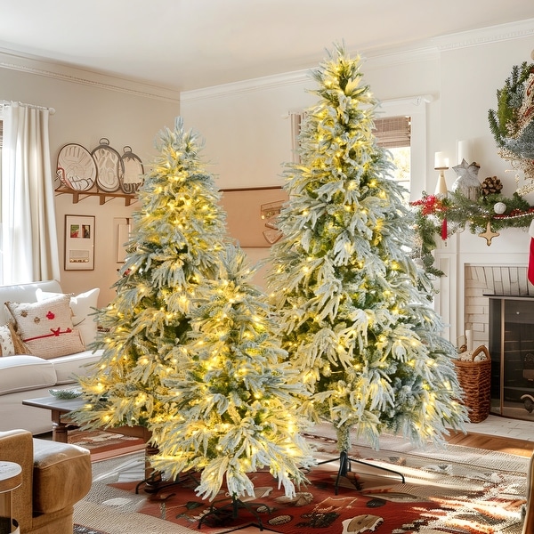 Aesthetic Pre Lit Snow Flocked Christmas Tree Set 4FT 6ft 7.5ft with 800 Colorful LED Lights 8 Flashing Modes White Green