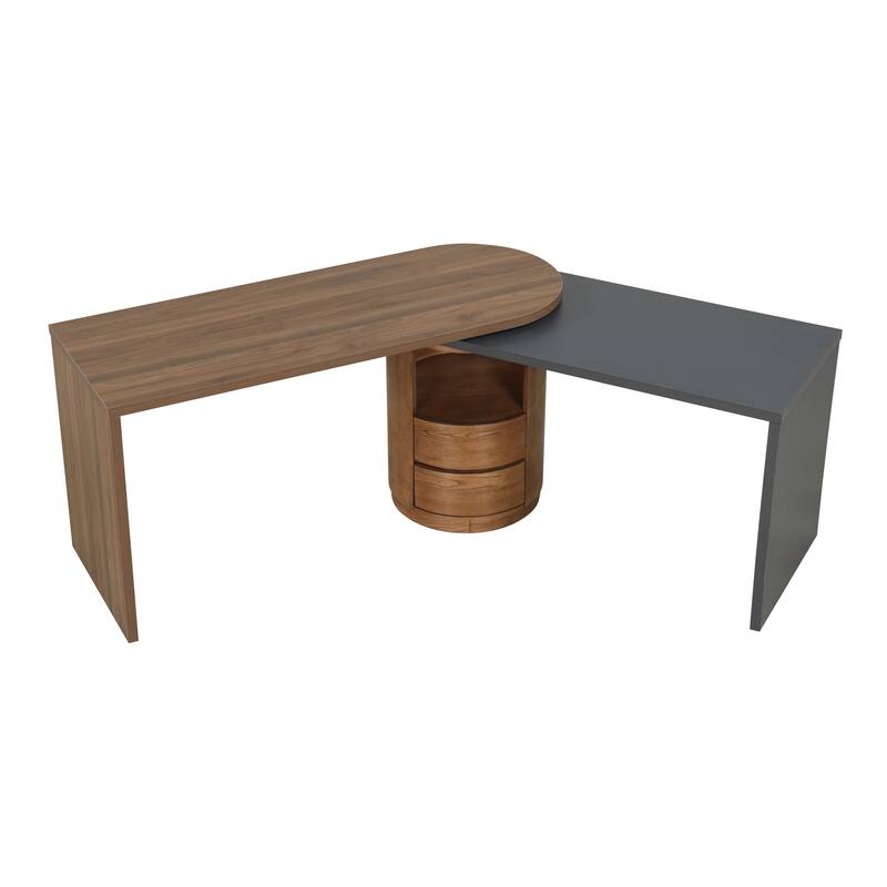 59"L Shaped Desk in Walnut with 2 Drawers,Open storage,360°Wood Rotating Desk,Executive Office Desk,Office Study Workstation