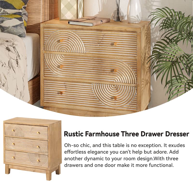 COZAYH 3-Drawer Farmhouse Dresser with Handicraft Wood Ring Motif, Rustic Nightstand Wooden Finish, Boho, Natural Wood