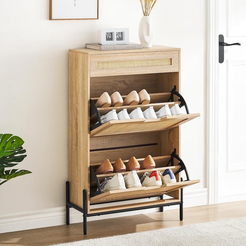 Rattan Shoe Cabinet with 2 Flip Drawers and 1 Small Drawer - Oak
