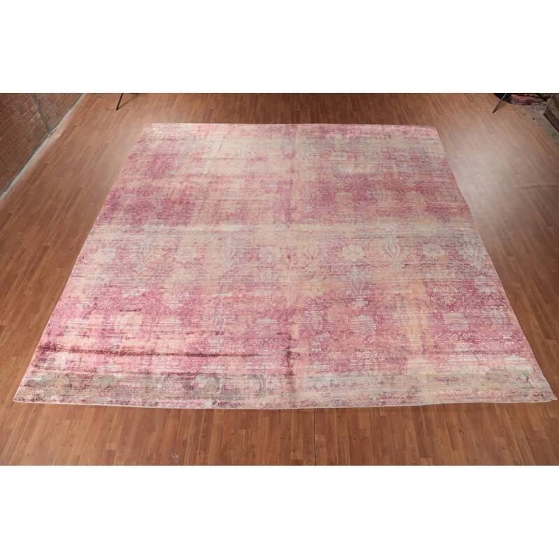 Abstract Indian Square Area Rug Handmade Silk Carpet - 13'11"x 13'9"