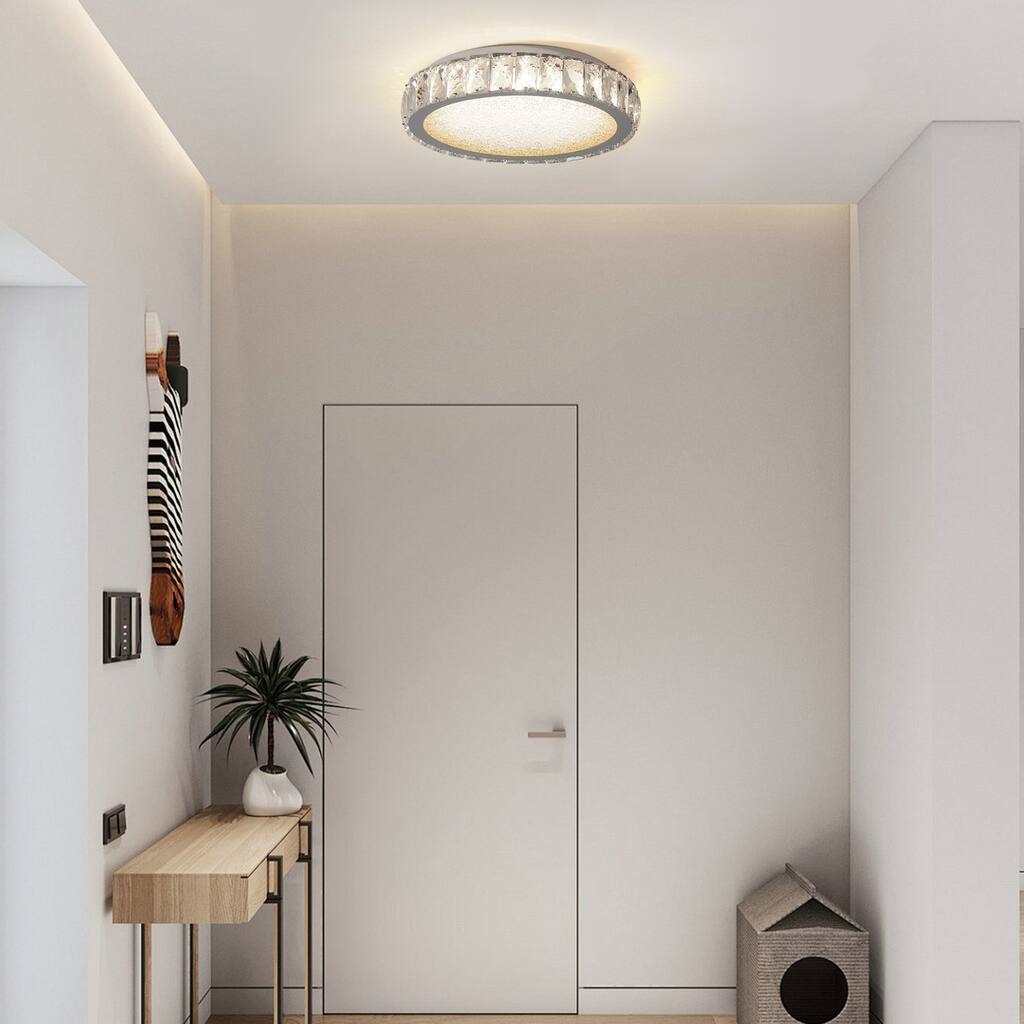 Crystal LED Ceiling Light, 13.8-Inch Flush Mount, 38W Dimmable Modern Fixture, Perfect for Living Room, Bedroom - Chrome