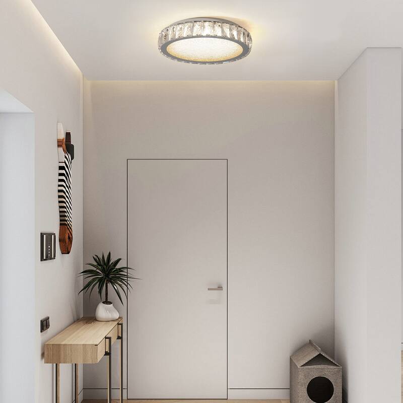 Crystal LED Ceiling Light, 13.8-Inch Flush Mount, 38W Dimmable Modern Fixture, Perfect for Living Room, Bedroom - Chrome - Chrome