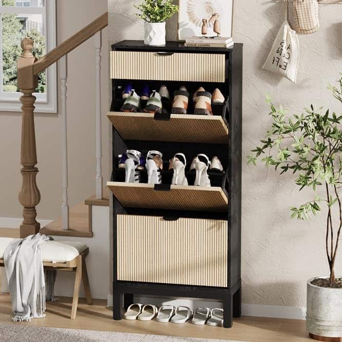 Shoe Storage Cabinet with 3 Flip Drawers, Fluted Shoe Organizer with Metal Legs