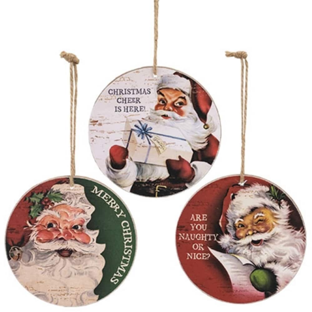 Vintage Santa Round Wooden Christmas Ornaments with Layered Design and Jute Hanger 3 Asstd. - 4" H x 4" W x .25" D