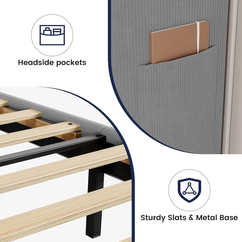 Velvet Upholstered Platform Bed with Wingback Headboard, Wood Slats Support, No Box Spring, Easy Assembly