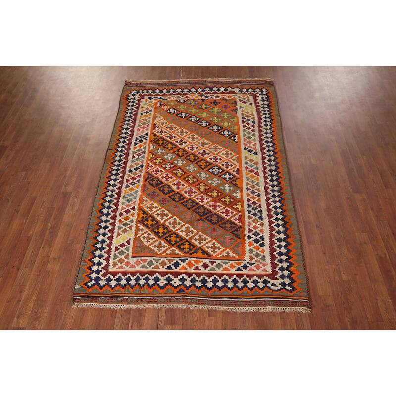 Vegetable Dye Kilim Qashqai Persian Vintage Rug Flatweave Wool Carpet - 4'11"x 7'10"