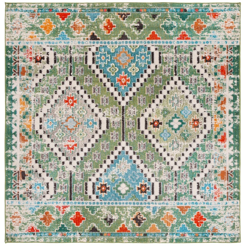 SAFAVIEH, Madison Hortensia Boho Diamond Distressed Rug - 6'7" Square - Green/Beige