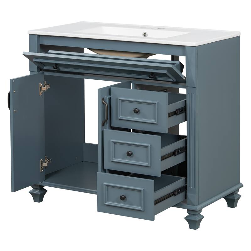 36" Bathroom Vanity with Sink, Storage Vanity Cabinet with Flip-Out Drawer, 3 Drawers, 2 Soft-Close Doors and Gold Handles