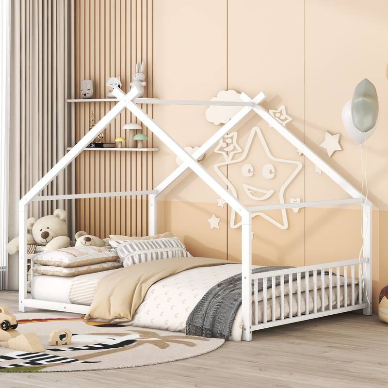 Full Size Metal House Bed with Roof, Playhouse Design, Sturdy Frame, No Box Spring Needed - White