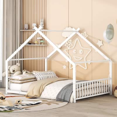 Metal House Bed with Roof, Fence, and Back