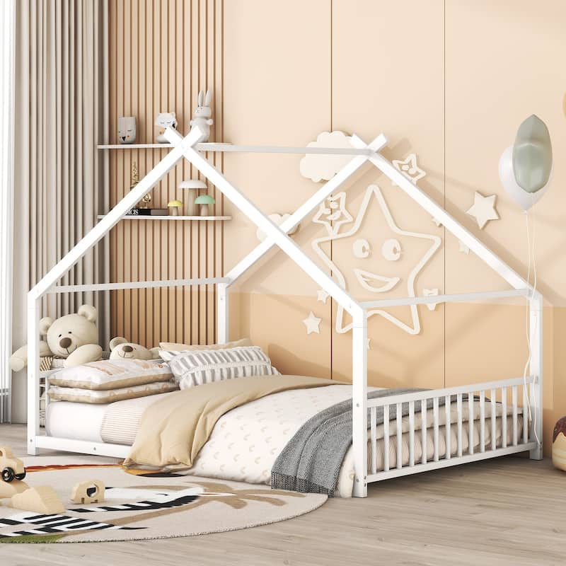 Twin/Full Size Heavy Duty Metal Playhouse Bed Frame with Roof Design