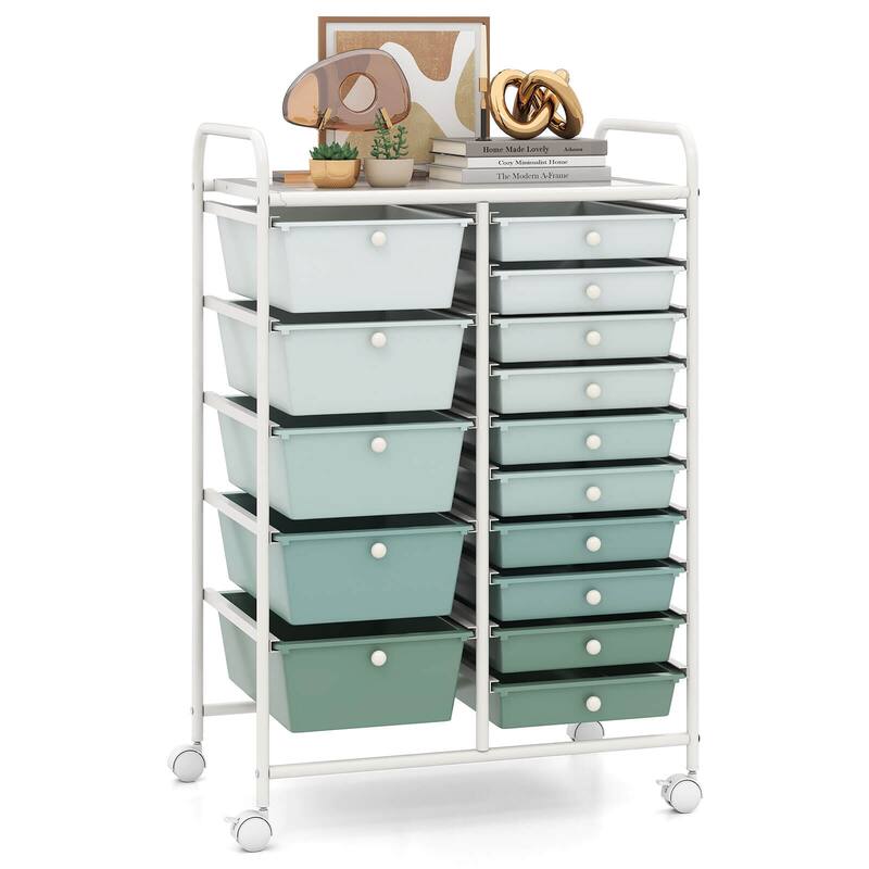 Costway 15 Drawer Rolling Storage Cart Tools Scrapbook Paper Office - See Details - Gradient Green