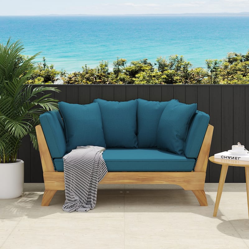 Expandable Patio Sofa Daybed with Adjustable Armrest - BIue-Teak