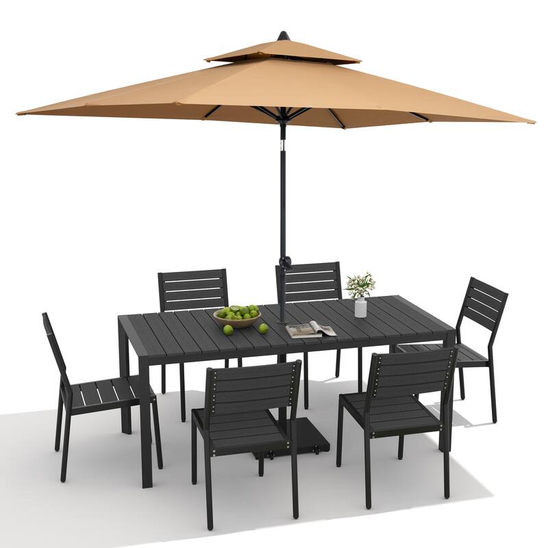 9/11-Piece Outdoor Dining Set Aluminum Table and Stackable Chairs w/10 ft Umbrella and Base