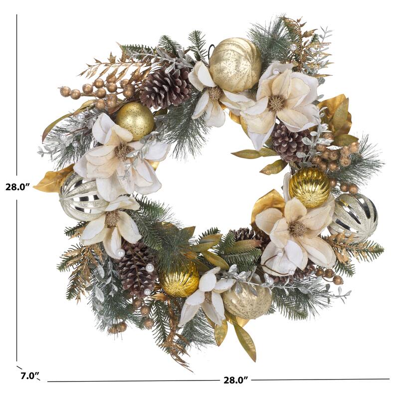 SAFAVIEH Home Faux 28-inch Needle Pine Wreath With White Poinsettias & Gold Accents