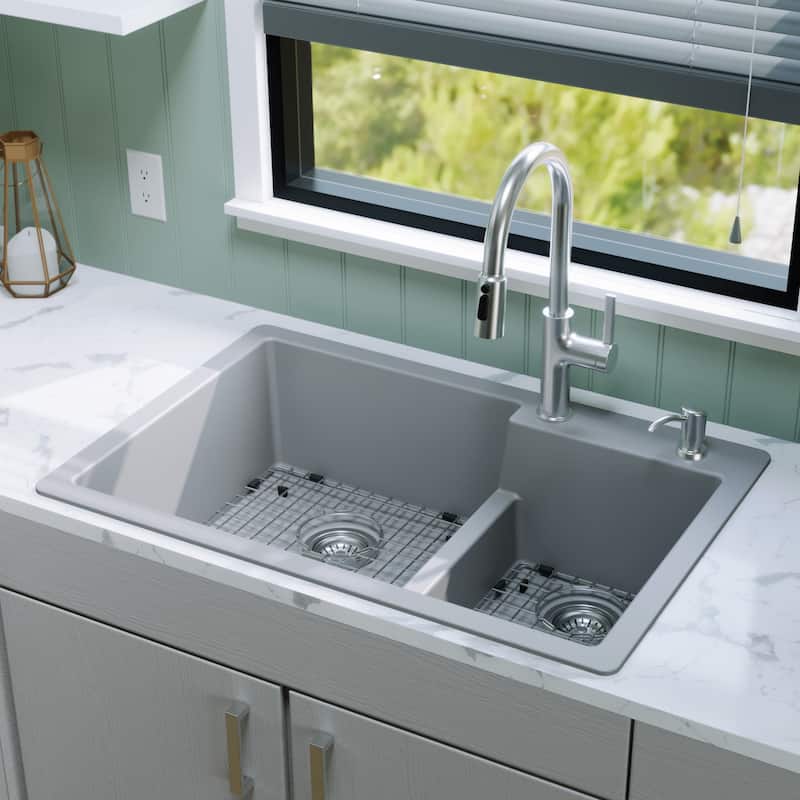Karran 33" Top Mount Large/Small Bowl Quartz Kitchen Sink Kit - 33" x 22" x 9"