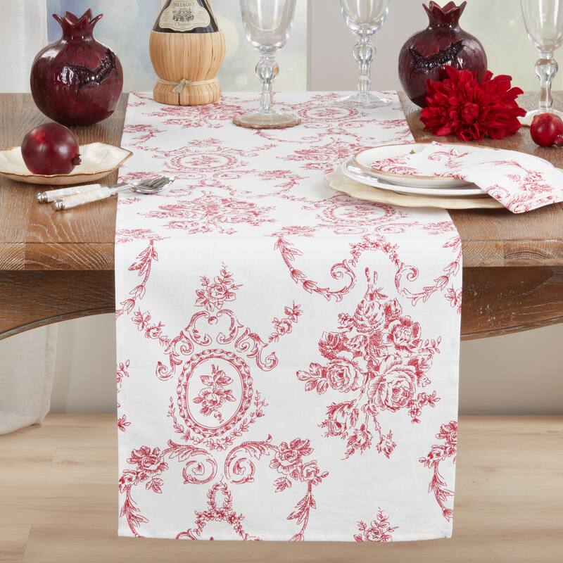 Ornate Floral Linen Blend Table Runner - Decorative Table Runner for Dining & Console Tables