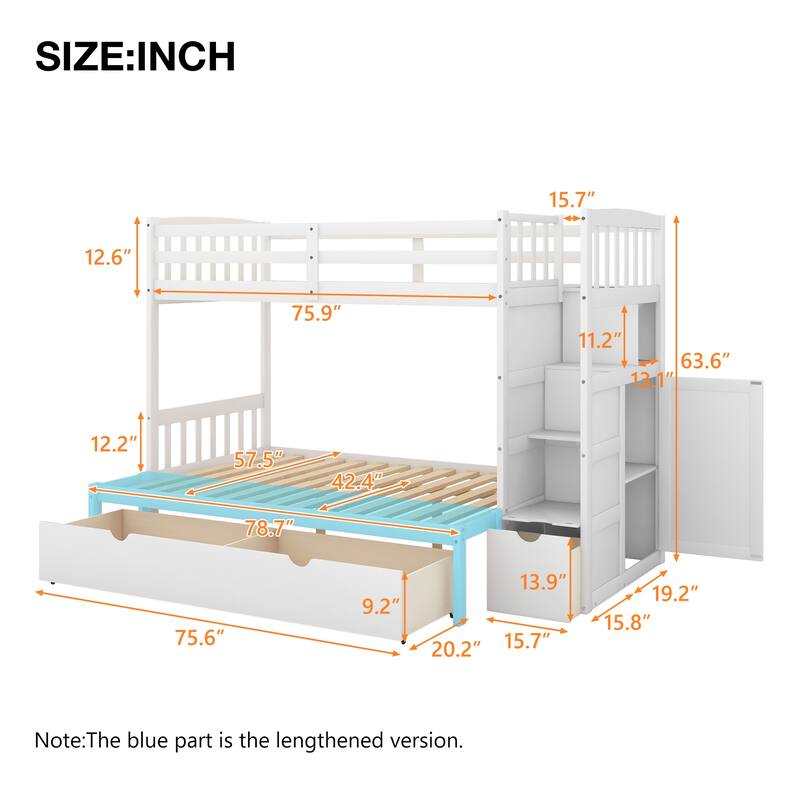 Convertible Twin over Full/Twin Bunk Bed with Storage Shelves & Drawers